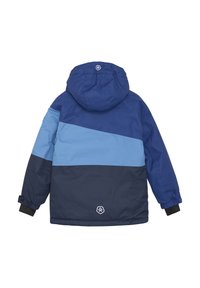 Giacca a strati blu navy e azzurro chiaro con cappuccio, polsini elasticizzati e logo sulla parte posteriore. Tessuto in poliestere con una consistenza liscia.