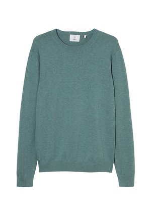 Tröja i en dämpad teal-färg, tillverkad av mjukt stickat tyg, rund halsringning, ribbade ärmslut och fåll, minimalistisk design med etikett vid kragen.