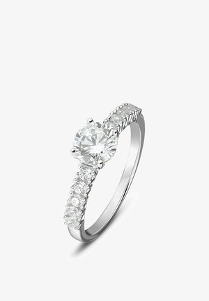 Silver engagement ring with a large round-cut central diamond and smaller diamonds set along the band.