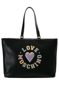 Zwarte damestas van imitatieleren met ritssluiting. Voorzien van "LOVE" en "MOSCHINO" in vetgedrukte, meerkleurige letters en een hartvormige afbeelding.
