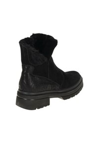 Schwarze Knöchelstiefel mit einem Wildleder-Außenteil, Kunstfell-Fütterung und einem strukturierten schwarzen Akzent. Dicke Gummisohle mit einem genoppten Muster.