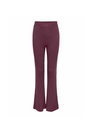 Pantalon en tricot côtelé taille haute de couleur violet foncé avec une légère évasement en bas et une silhouette ajustée.