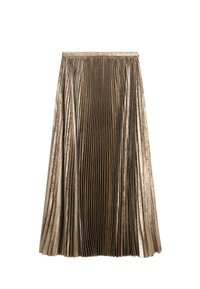 Jupe midi plissée en tissu bronze métallisé. Dotée d'une taille structurée et d'un matériau fluide et texturé avec des plis verticaux.