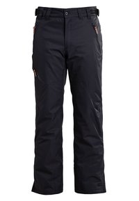Pantalons de neige noirs en tissu résistant, avec une coupe droite, des passants de ceinture et des poches zippées sur les cuisses pour le rangement.