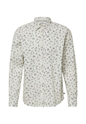 Wit shirt met lange mouwen, een button-down kraag en een all-over zwarte print met diverse speelse illustraties. Gemaakt van katoen.