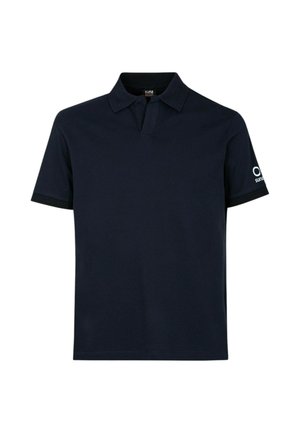 Polo blu navy a maniche corte con colletto, abbottonatura aperta e piccolo logo sulla manica sinistra su sfondo bianco.