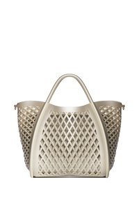 Borsa a tracolla beige con motivo, realizzata in materiale flessibile con un design a reticolo a rombi. Presenta due manici arrotondati e un interno spazioso.
