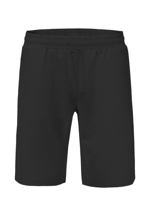 Proste czarne szorty z elastycznym pasem, prostym krojem, długością do połowy uda, bez widocznych logo lub kieszeni.