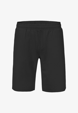 Shorts noirs unis avec taille élastique, coupe droite, longueur mi-cuisse, sans logos ni poches visibles.