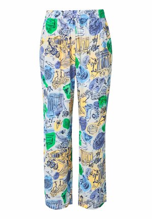 Mønstrede bukser med vide ben, der har en lys blå baggrund med illustrationer i gul, grøn og marineblå, der skildrer forskellige vartegn og motiver.