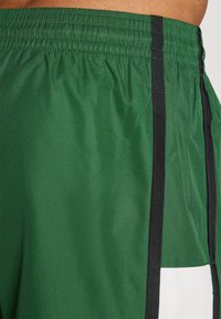 Shorts de sport verts en tissu léger et texturé. Ils présentent des rayures latérales noires et une taille élastique pour un fit sécurisé.