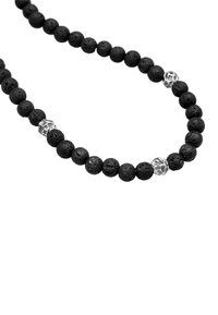 Lava stone bead necklace with spherical black beads, featuring a metallic silver accent bead, textured surface, and uniform shape.