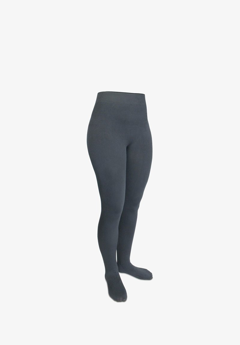 Opake schwarze Strumpfhosen mit hoher Taille, glatter Textur und voller Fußabdeckung. Hergestellt aus einem dehnbarem Stoff für Komfort und Passform.