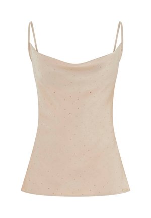 Naadloze mouwloze top in naaktkleur met dunne bandjes, voorzien van een gladde textuur en verspreide kleine gouden accenten over de stof.