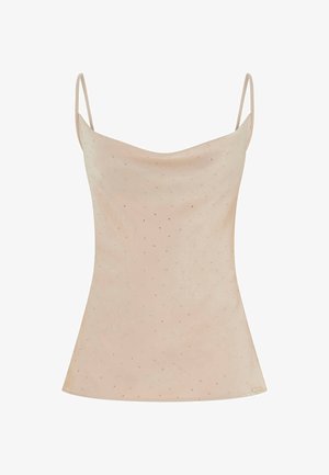 Haut sans manches couleur nude avec fines bretelles, présentant une texture lisse et de petits accents dorés dispersés sur le tissu.