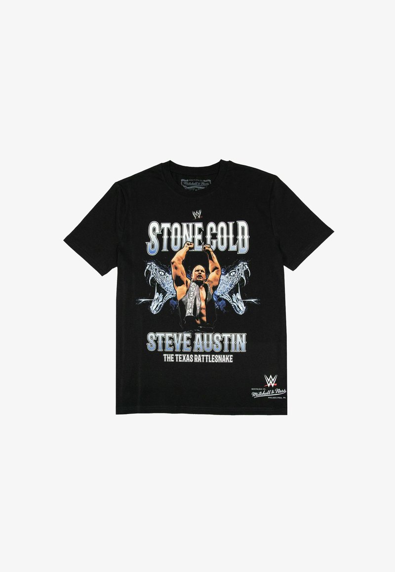 Schwarzes Baumwoll-T-Shirt mit einem grafischen Druck eines muskulösen Körpers mit erhobenen Armen, umgeben von Schlangendesigns und fettem Text.