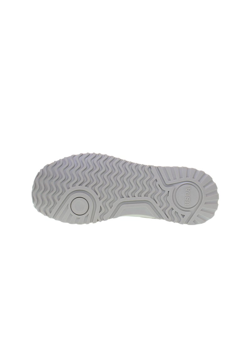 Semelle de sneaker blanche avec un motif texturé et ondulé. Présente des accents circulaires et des détails de marque. Fabriquée en matériau en caoutchouc pour une meilleure traction.