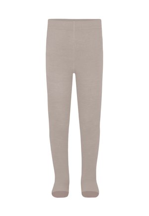 Beige Leggings aus weichem, dehnbarem Material. Sie verfügen über eine glatte Textur, vollständige Abdeckung und verstärktes Fußbereich. Einfaches Design.