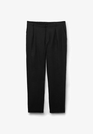 Zwarte op maat gemaakte broek met zijzakken, knoop- en ritssluiting, rechte pijp, getoond tegen een witte achtergrond.