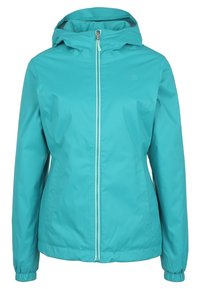 Veste capuche légère bleu sarcelle avec fermeture éclair intégrale à l'avant et poignets élastiques, conçue pour une utilisation en extérieur.