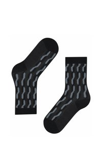Schwarze Socken mit einem geometrischen Muster in Hellgrau. Das Material ist strukturiert, mit einer standardmäßigen Knöchellänge sowie verstärktem Fersen- und Zehenbereich.