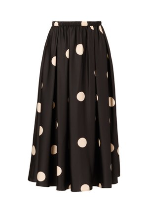 Black knee-length skirt with a gathered elastic waistband, featuring large cream polka dots on a smooth fabric. No additional accents visible.