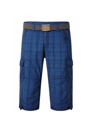 Navy blue cargo shorts with multiple pockets, knee-length cut, and a gray belt with a brass buckle featuring a "T" logo.