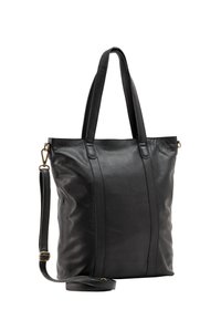 Borsa tote in pelle nera con due manici corti e una tracolla removibile. Presenta cuciture verticali e una texture liscia.