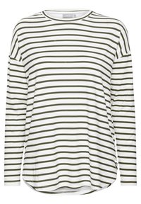 Langärmliges, Rundhals-Shirt in Weiß mit olivgrünen horizontalen Streifen. Besitzt eine lockere Passform und einen abgerundeten Saum mit seitlichen Schlitzen.