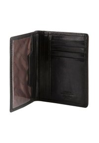 Zwarte leren portemonnee met meerdere kaartsleuven, een doorzichtige ID-pocket en een geperst logo. Gladde textuur met gestikte randen. Open view.