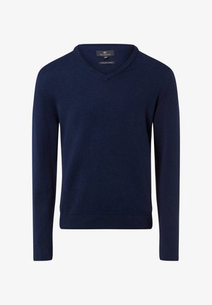 Dunkelblauer V-Ausschnitt-Pullover aus Bio-Baumwolle mit langen Ärmeln sowie gerippten Bündchen und Saum für eine strukturierte Passform.