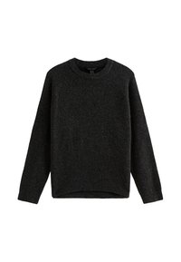 Maglione grigio scuro in materiale lavorato a maglia, con scollo rotondo, maniche lunghe e una vestibilità leggermente rilassata con orlo curvo verso l'alto.