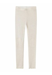 Leggings en tissu léger et côtelé dans une teinte claire. Comprend des patchs aux genoux et des bords effilochés. Texture douce avec une taille élastique.