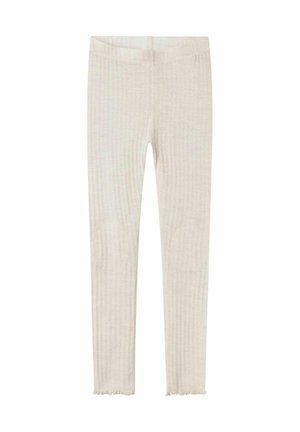 Leggings made of light, ribbed fabric in a pale color. Features knee patches and frayed hems. Soft texture with elastic waistband.