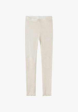 Leggings realizzati in un tessuto leggero e a coste di colore chiaro. Presentano toppe sui ginocchi e orli sfrangiati. Texture morbida con una vita elastica.
