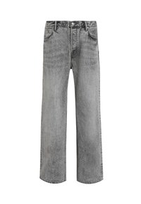 Grey denim jeans with a straight-leg design, high waist, five pockets, and faded texture. Features a button fly and belt loops.