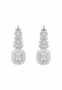 Dramatic drop earrings featuring a floral design of clear gemstones, including pear, marquise, and emerald cuts, set in silver-tone metal.