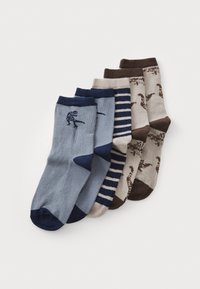 Set aus fünf Socken mit unterschiedlichen Designs: einfarbig hellblau, marineblau, gestreift und zwei beigen Optionen mit Dinosauriermustern. Material aus Baumwollmischung.