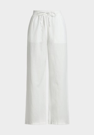 White linen wide-leg pants with an elastic waistband and drawstring detail. Features a smooth texture and minimal design.
