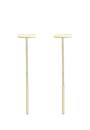 Paire de boucles d’oreilles minimalistes en or en forme de goutte avec des barres horizontales reliées par de fines chaînes à des tiges verticales élancées.