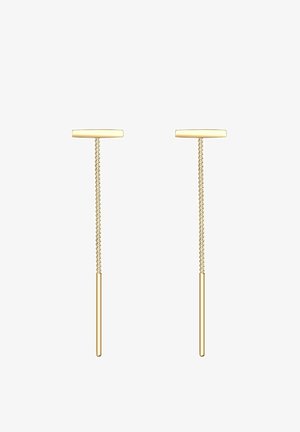 Paire de boucles d’oreilles minimalistes en or en forme de goutte avec des barres horizontales reliées par de fines chaînes à des tiges verticales élancées.