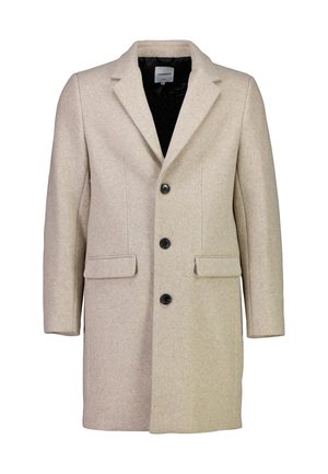 Manteau en mélange de laine beige avec revers à col, trois boutons noirs et deux poches avant. Tissu texturé avec une doublure intérieure lisse.