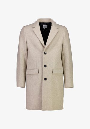 Beżowy płaszcz z wełny z klapami, trzema czarnymi guzikami i dwiema przednimi kieszeniami. Teksturowany materiał z gładką podszewką.