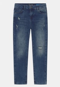 Dark blue denim jeans featuring ripped accents, five pockets, and a straight leg design. Soft texture with a slight fade effect throughout.