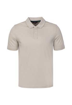 Polo beige a maniche corte con colletto e patta con due bottoni, mostrato su uno sfondo bianco semplice.