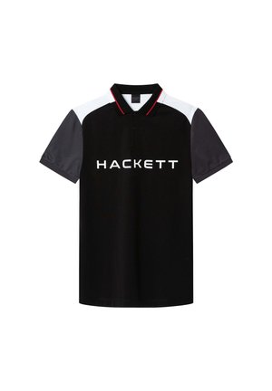 Zwarte polo shirt met een wit logo met de tekst "HACKETT." Bevat contrasterende grijze mouwen en een kraag met rode accenten. Zacht materiaal, standaard pasvorm.