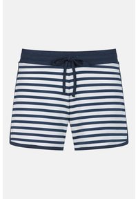 Marineblauwe en witte gestreepte zwembroek met een trekkoord in de taille, voorzien van een gladde textuur en rechte snit. Geaccentueerd met gestikte manchetten in effen kleur.