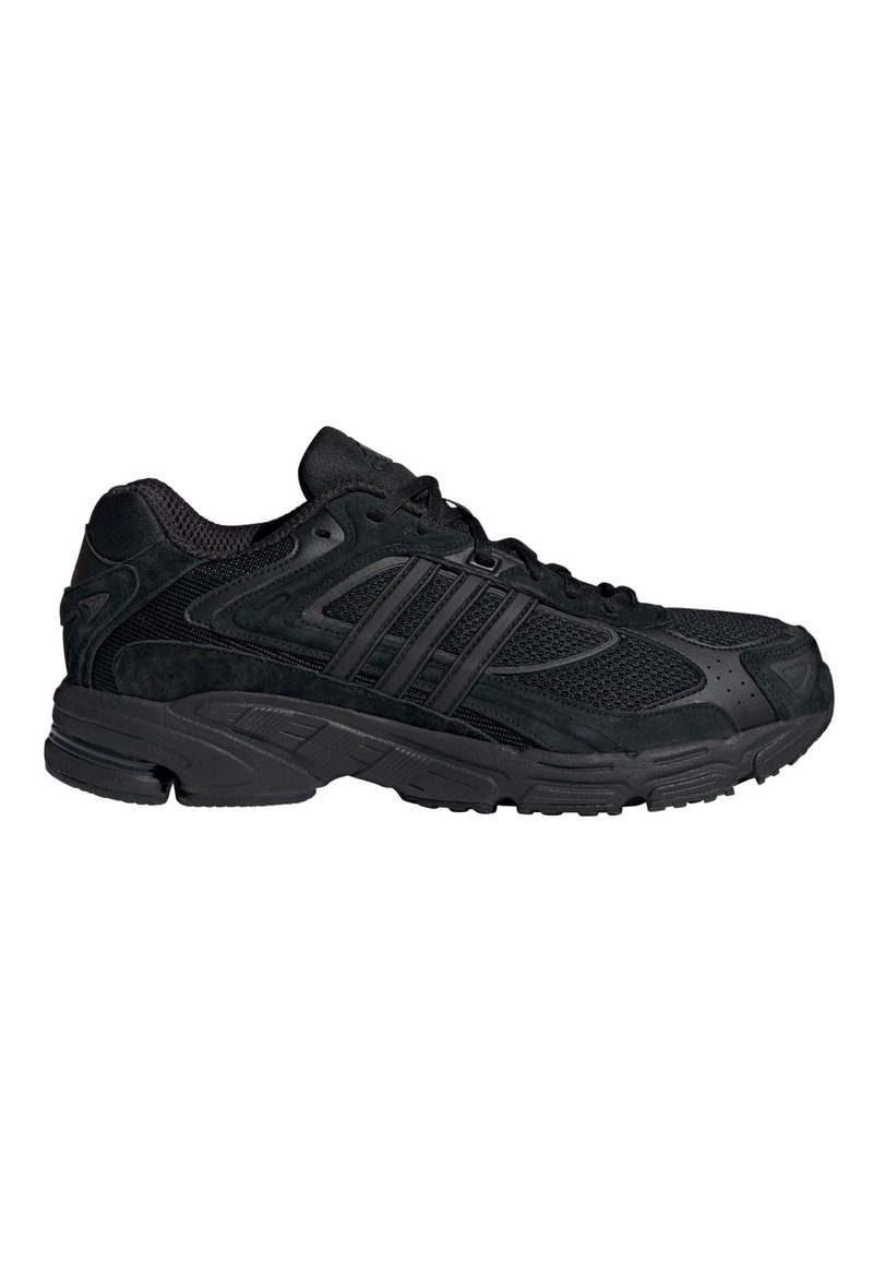 Scarpa sportiva nera con tomaia in mesh e suede, punta tondeggiante, suola ammortizzata e dettagli testurizzati. Motivo della trama sulla suola.
