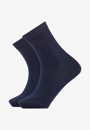 Navyblaue Baumwollsocken mit glattem Textil, gerippten Bündchen und verstärkten Bereichen an Zehe und Ferse; im Paar verkauft.