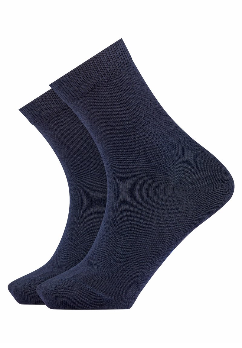 Calcetines de algodón azul marino con una textura suave, puños acanalados y zonas reforzadas en el dedo del pie y el talón; vendidos en pareja.